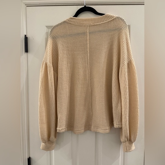 LOVERICHE V-NECK WAFFLE BALLOON SLEEVE KNIT TOP Beige Cream Womens Small - Picture 7 of 9